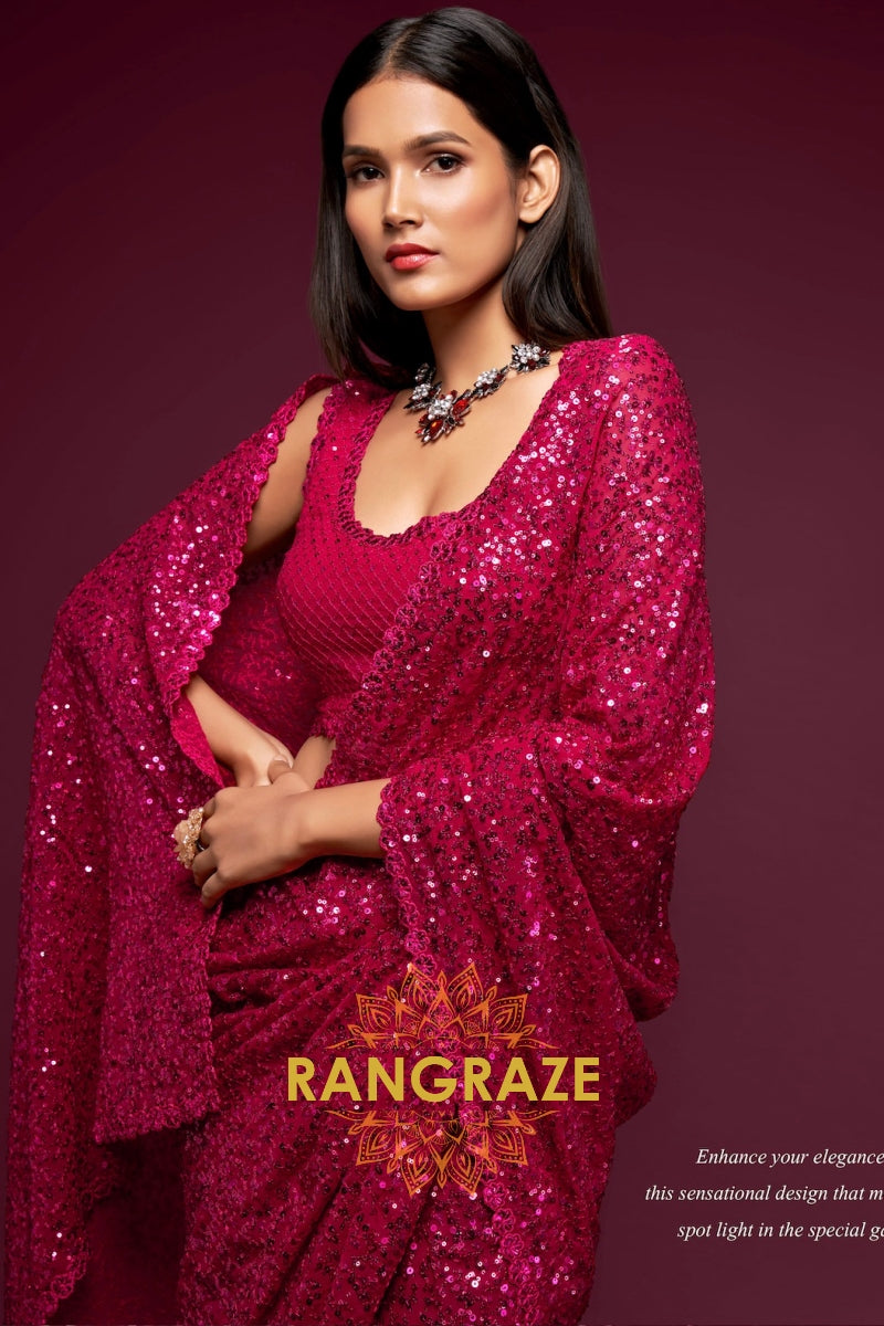 Berry Red Premium Georgette Designer Sequin Saree