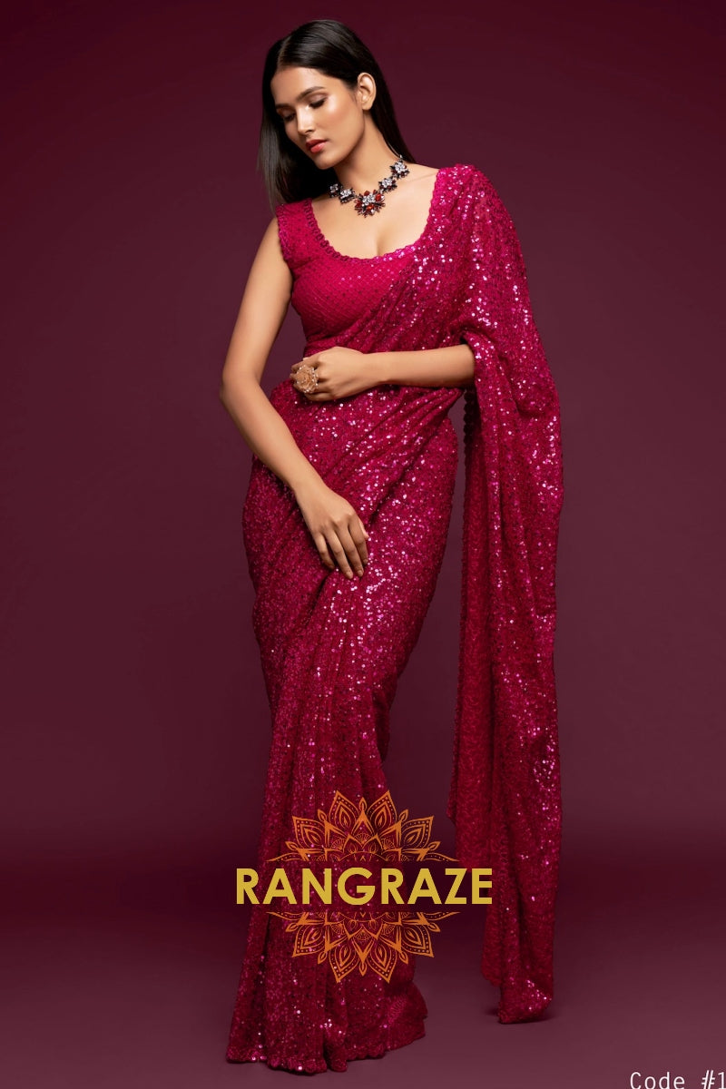 Berry Red Premium Georgette Designer Sequin Saree
