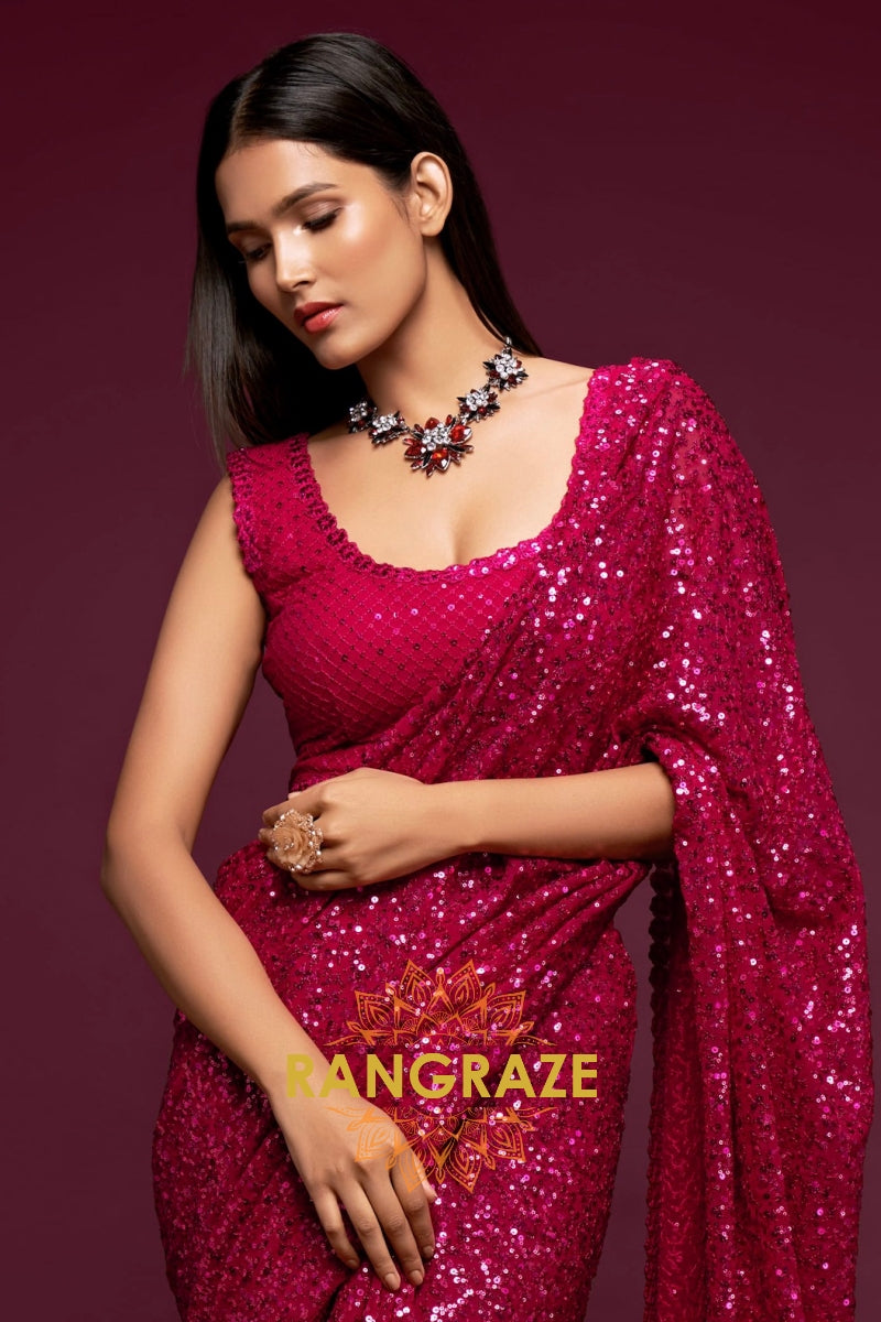 Berry Red Premium Georgette Designer Sequin Saree