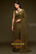 Olive Gold Premium Georgette Designer Sequin Saree