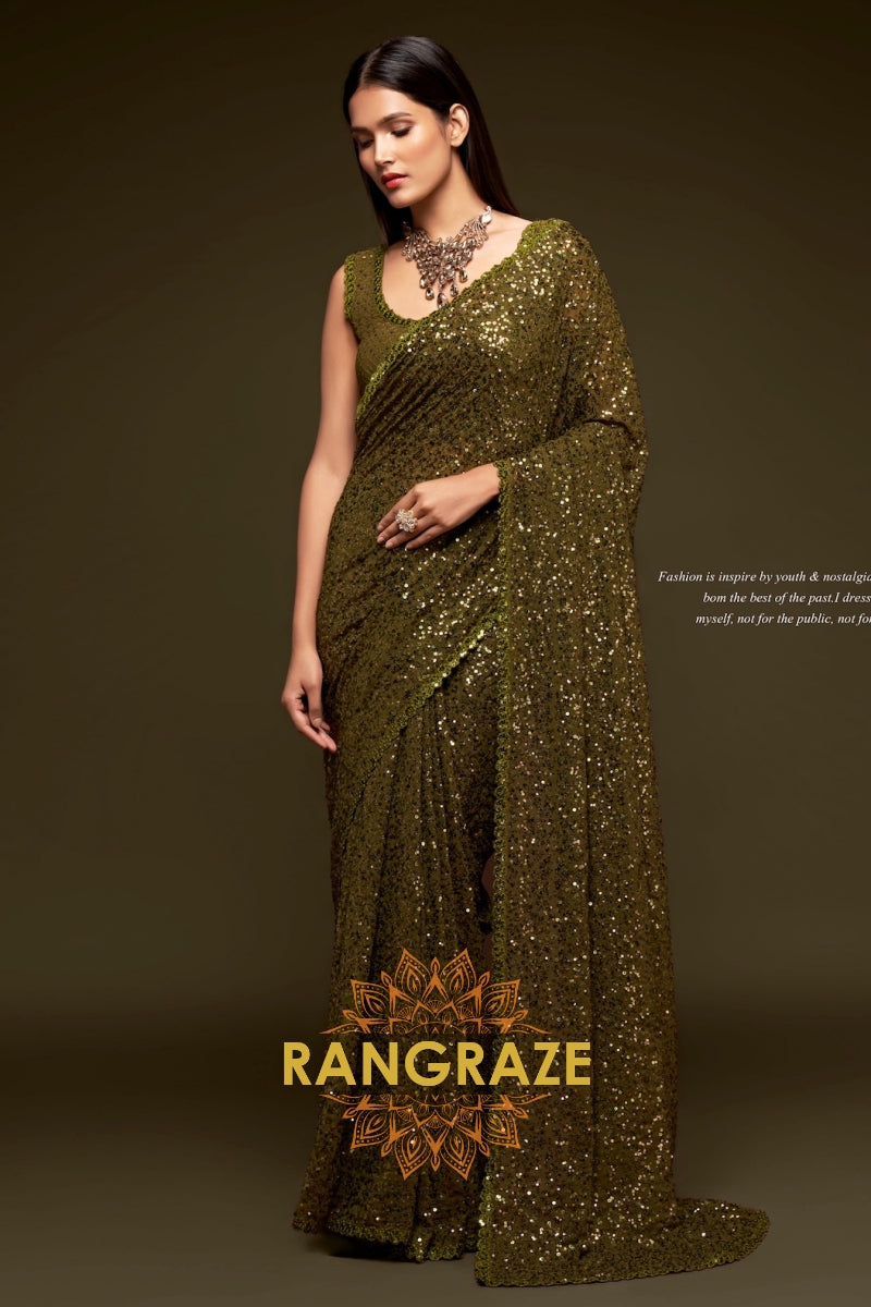 Olive Gold Premium Georgette Designer Sequin Saree