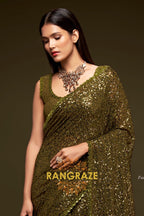 Olive Gold Premium Georgette Designer Sequin Saree