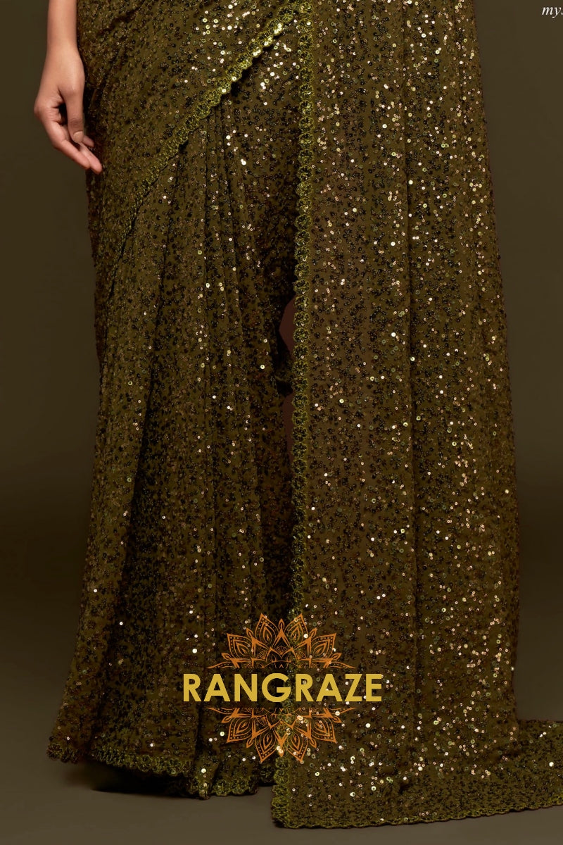 Olive Gold Premium Georgette Designer Sequin Saree