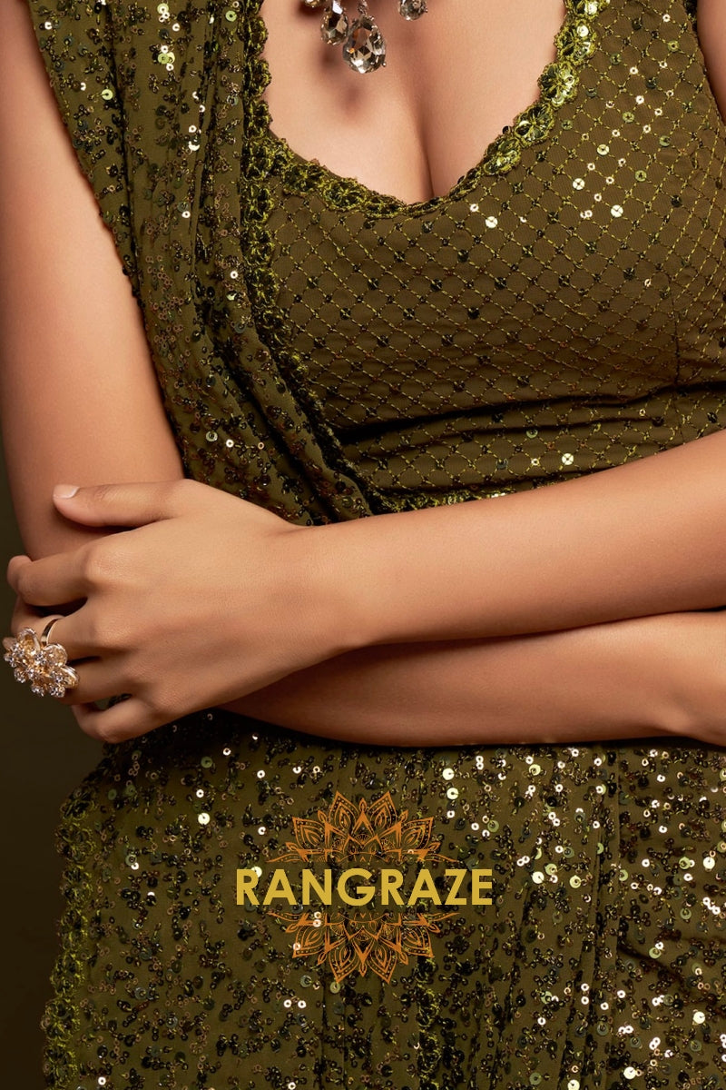 Olive Gold Premium Georgette Designer Sequin Saree