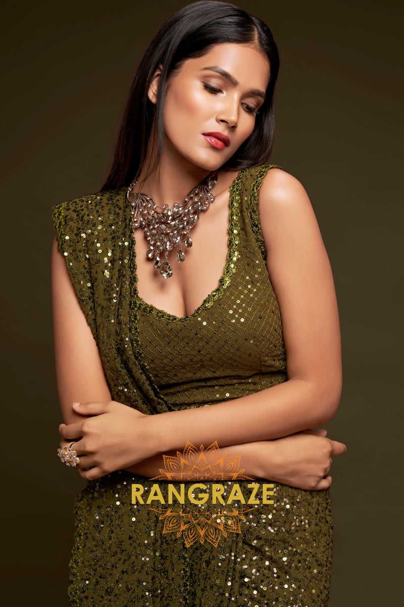 Olive Gold Premium Georgette Designer Sequin Saree