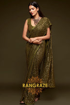 Olive Gold Premium Georgette Designer Sequin Saree