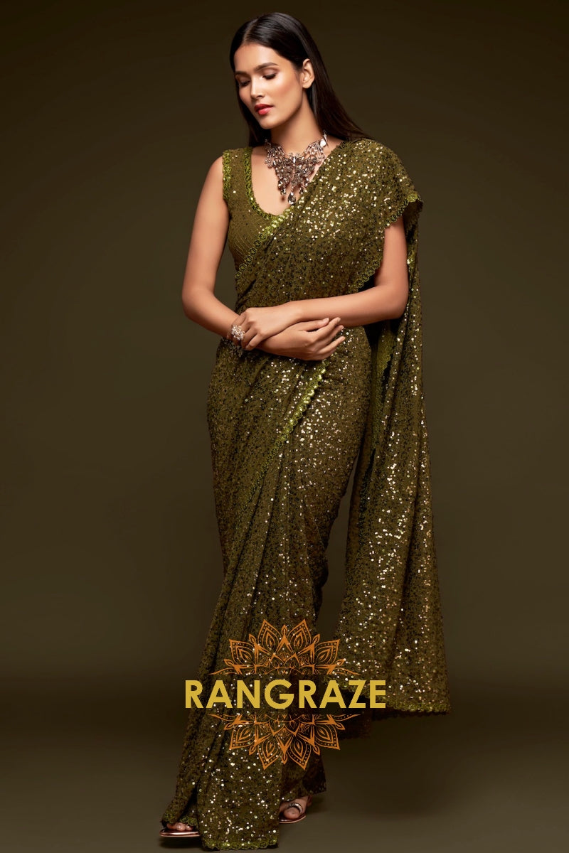 Olive Gold Premium Georgette Designer Sequin Saree