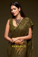 Olive Gold Premium Georgette Designer Sequin Saree