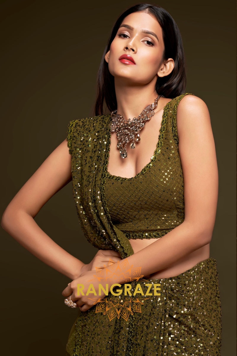 Olive Gold Premium Georgette Designer Sequin Saree