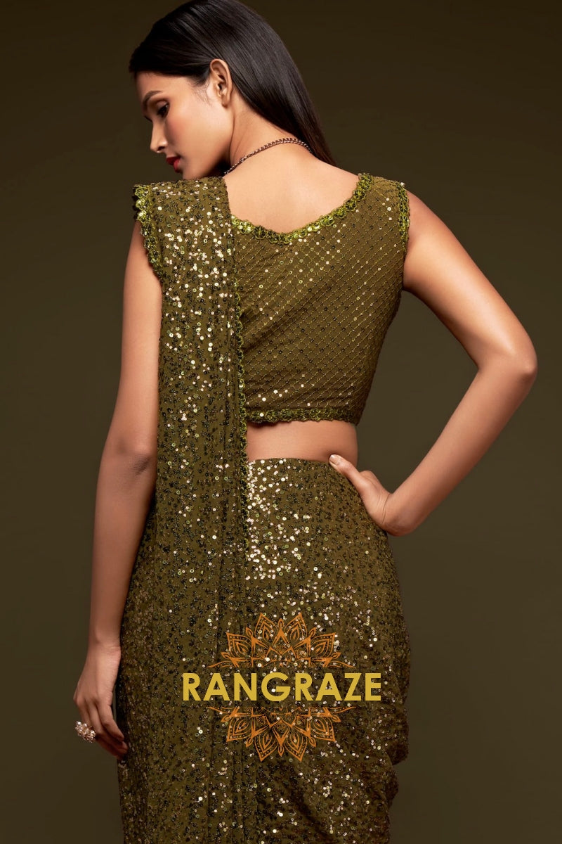 Olive Gold Premium Georgette Designer Sequin Saree