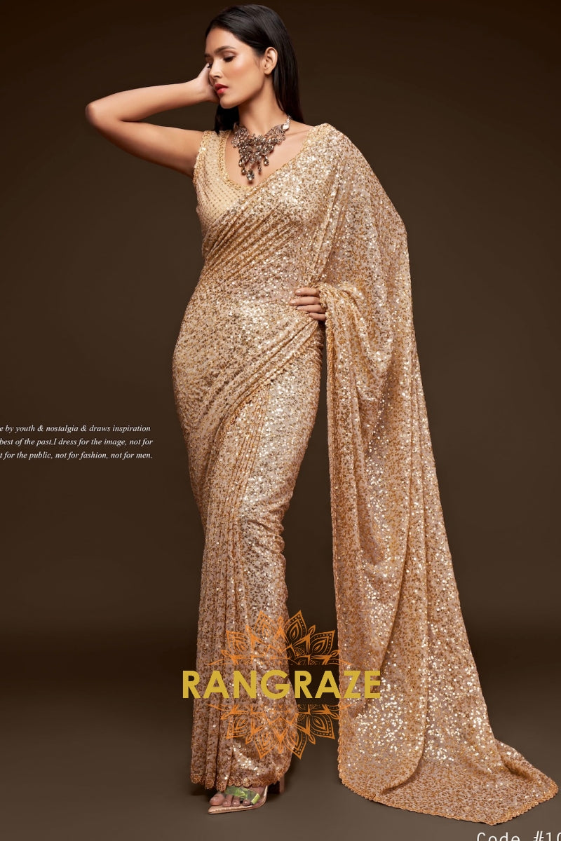 Champagne Gold Premium Georgette Designer Sequin Saree