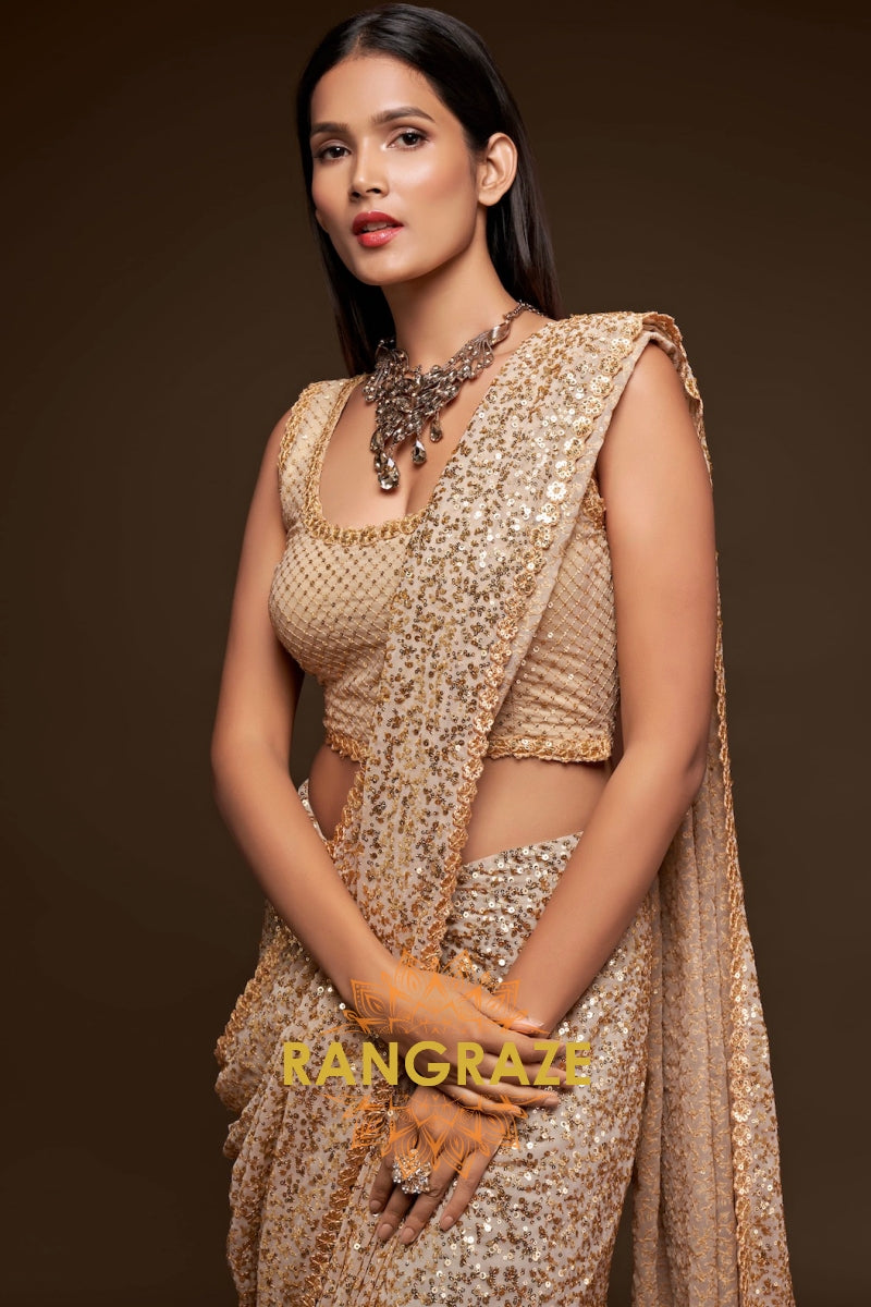 Champagne Gold Premium Georgette Designer Sequin Saree