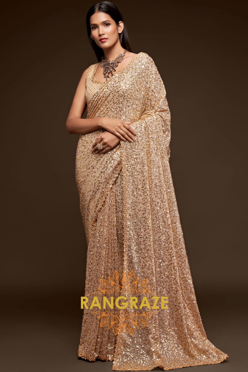 Champagne Gold Premium Georgette Designer Sequin Saree