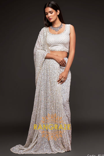 Ivory Diamond Premium Georgette Designer Sequin Saree