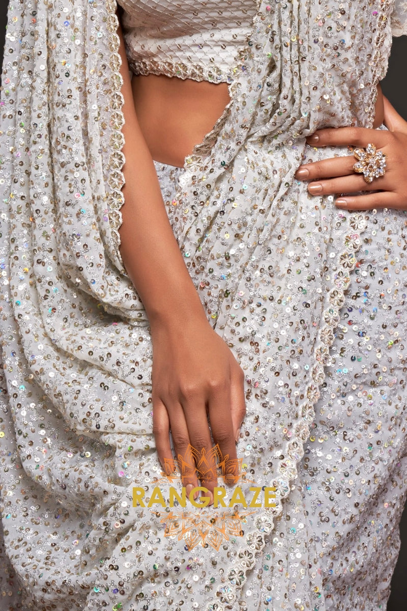 Ivory Diamond Premium Georgette Designer Sequin Saree