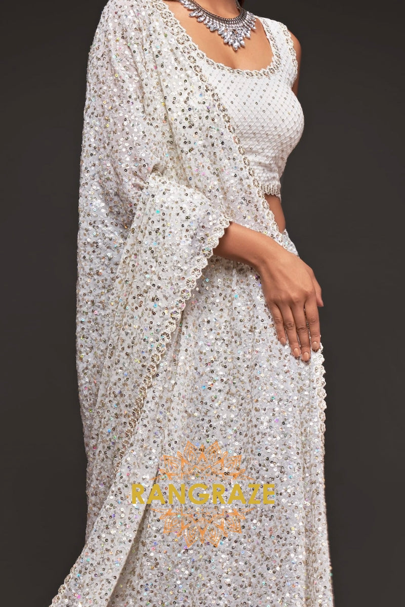 Ivory Diamond Premium Georgette Designer Sequin Saree