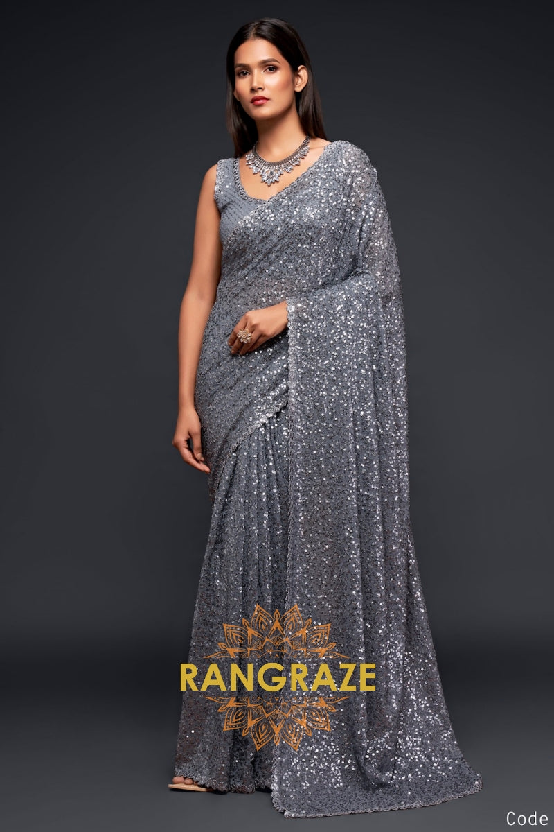 Silver Mist Premium Georgette Designer Sequin Saree