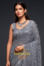 Silver Mist Premium Georgette Designer Sequin Saree