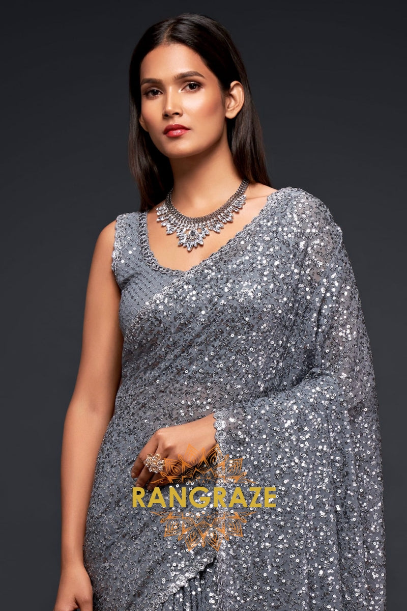 Silver Mist Premium Georgette Designer Sequin Saree
