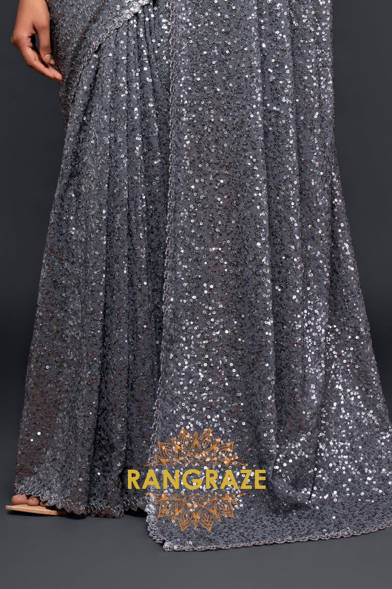 Silver Mist Premium Georgette Designer Sequin Saree