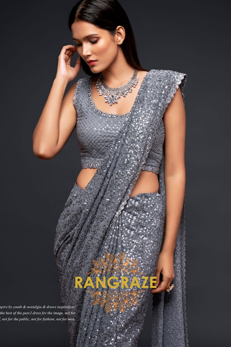 Silver Mist Premium Georgette Designer Sequin Saree