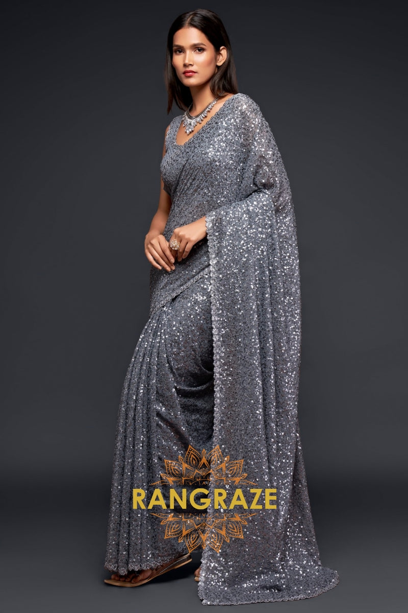 Silver Mist Premium Georgette Designer Sequin Saree