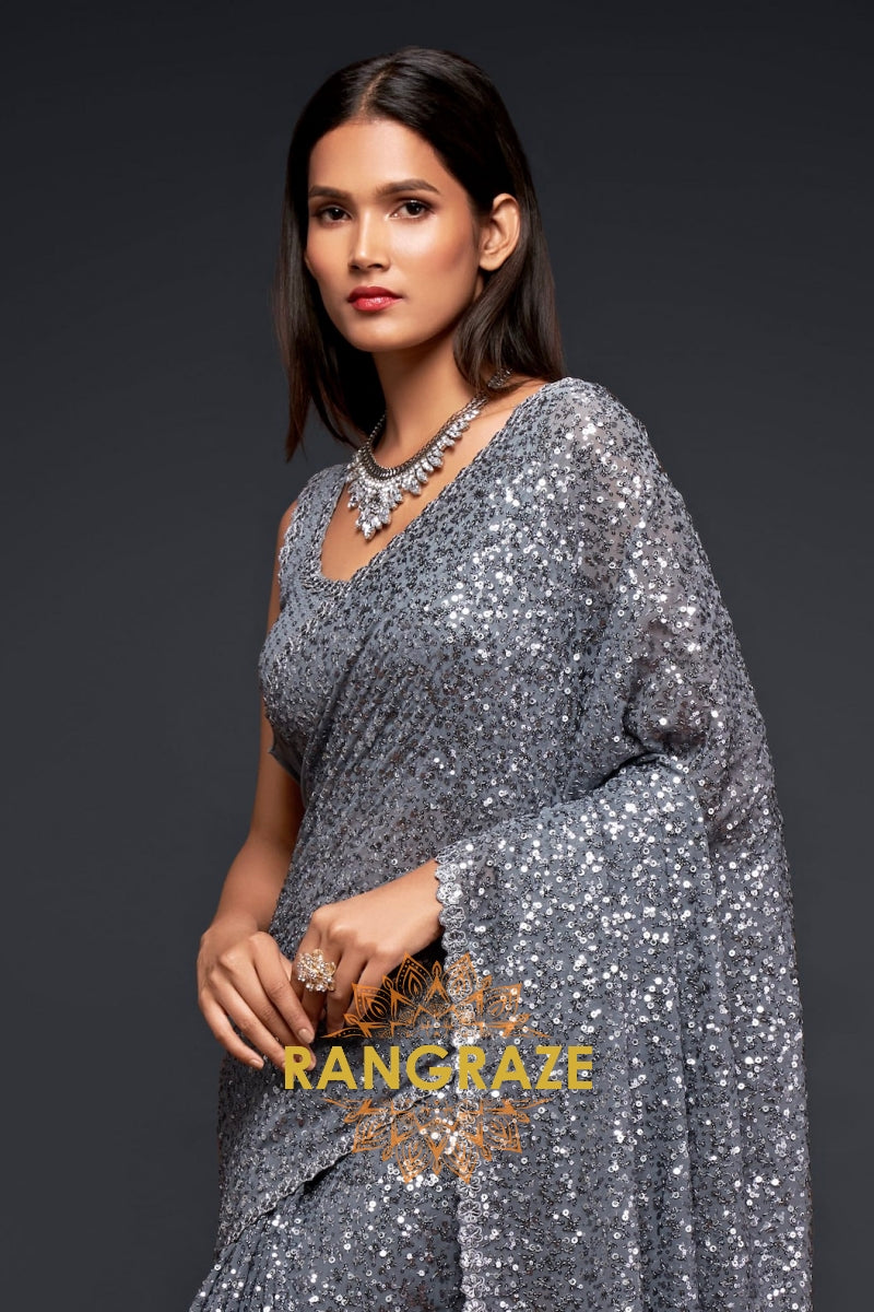 Silver Mist Premium Georgette Designer Sequin Saree