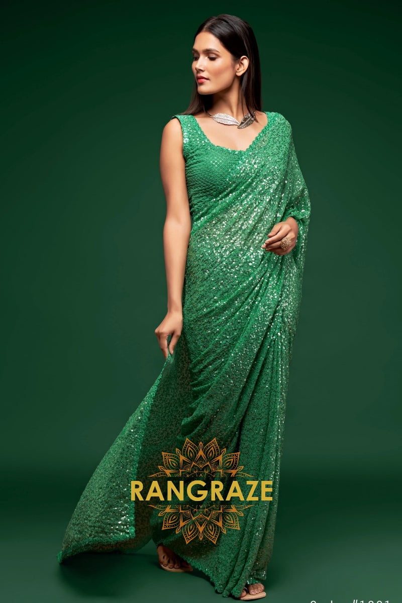 Emerald Green Premium Georgette Designer Sequin Saree