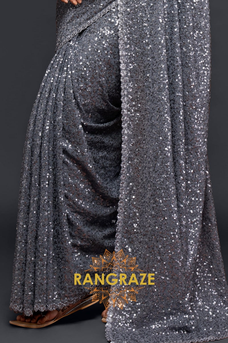 Silver Mist Premium Georgette Designer Sequin Saree