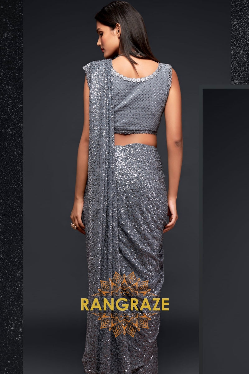 Silver Mist Premium Georgette Designer Sequin Saree
