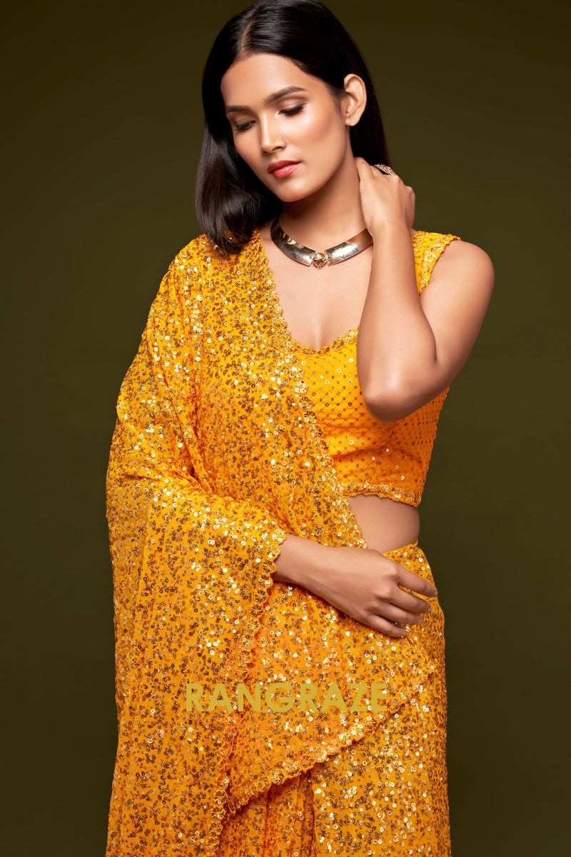 Sunlit Gold Premium Georgette Designer Sequin Saree
