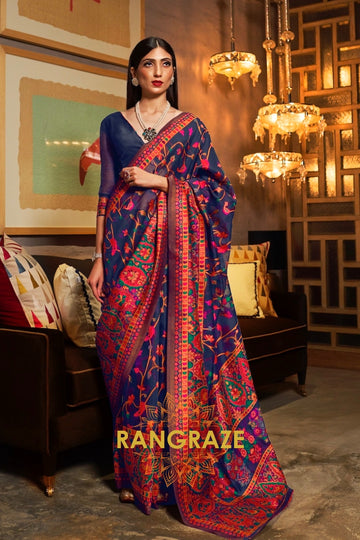 Midnight Navy Blue Jamewar Kashmiri Silk Saree