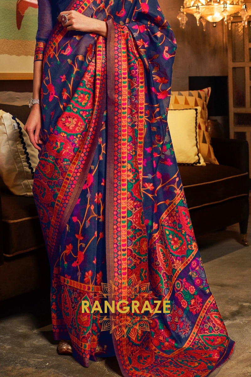 Midnight Navy Blue Jamewar Kashmiri Silk Saree
