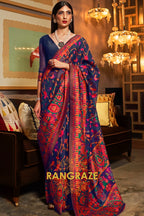 Midnight Navy Blue Jamewar Kashmiri Silk Saree