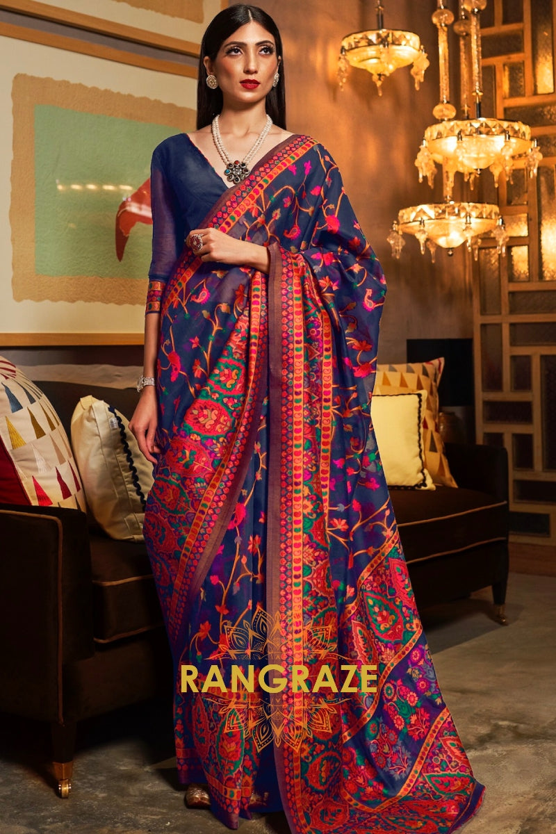 Midnight Navy Blue Jamewar Kashmiri Silk Saree