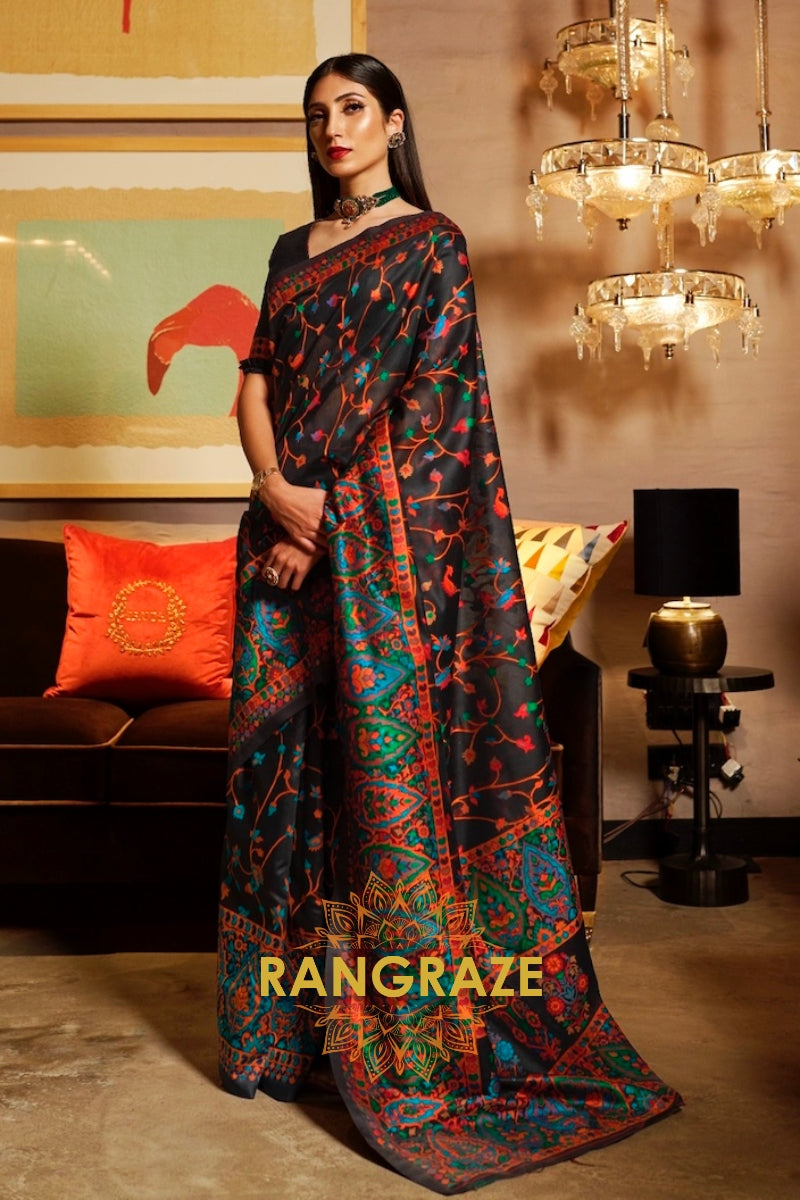 Elegant Black Woven Jamewar Kashmiri Silk Saree