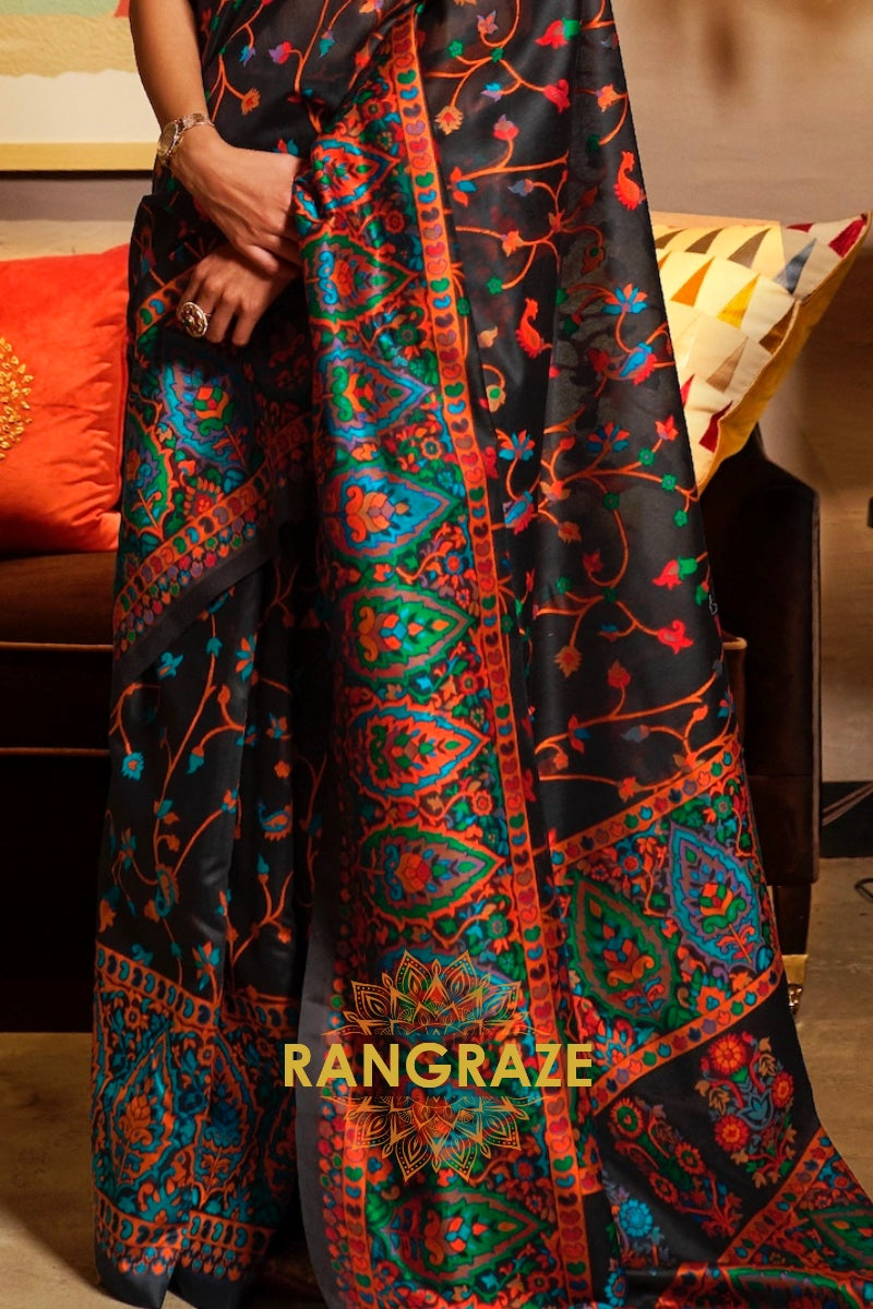 Elegant Black Woven Jamewar Kashmiri Silk Saree