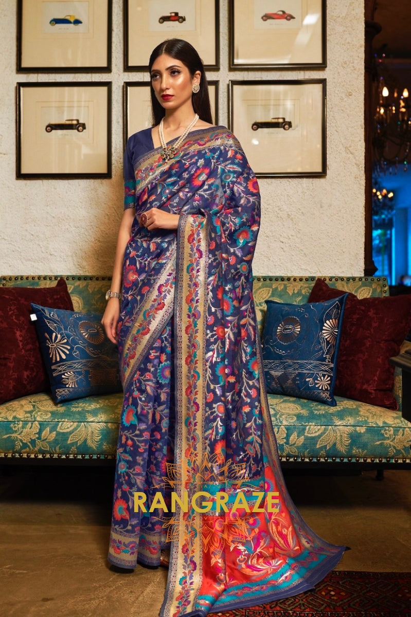 Deep Blue Woven Jamewar Kashmiri Silk Saree