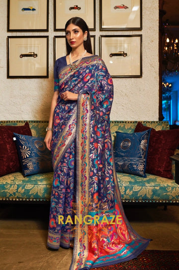 Deep Blue Woven Jamewar Kashmiri Silk Saree