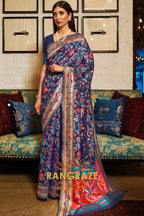 Deep Blue Woven Jamewar Kashmiri Silk Saree