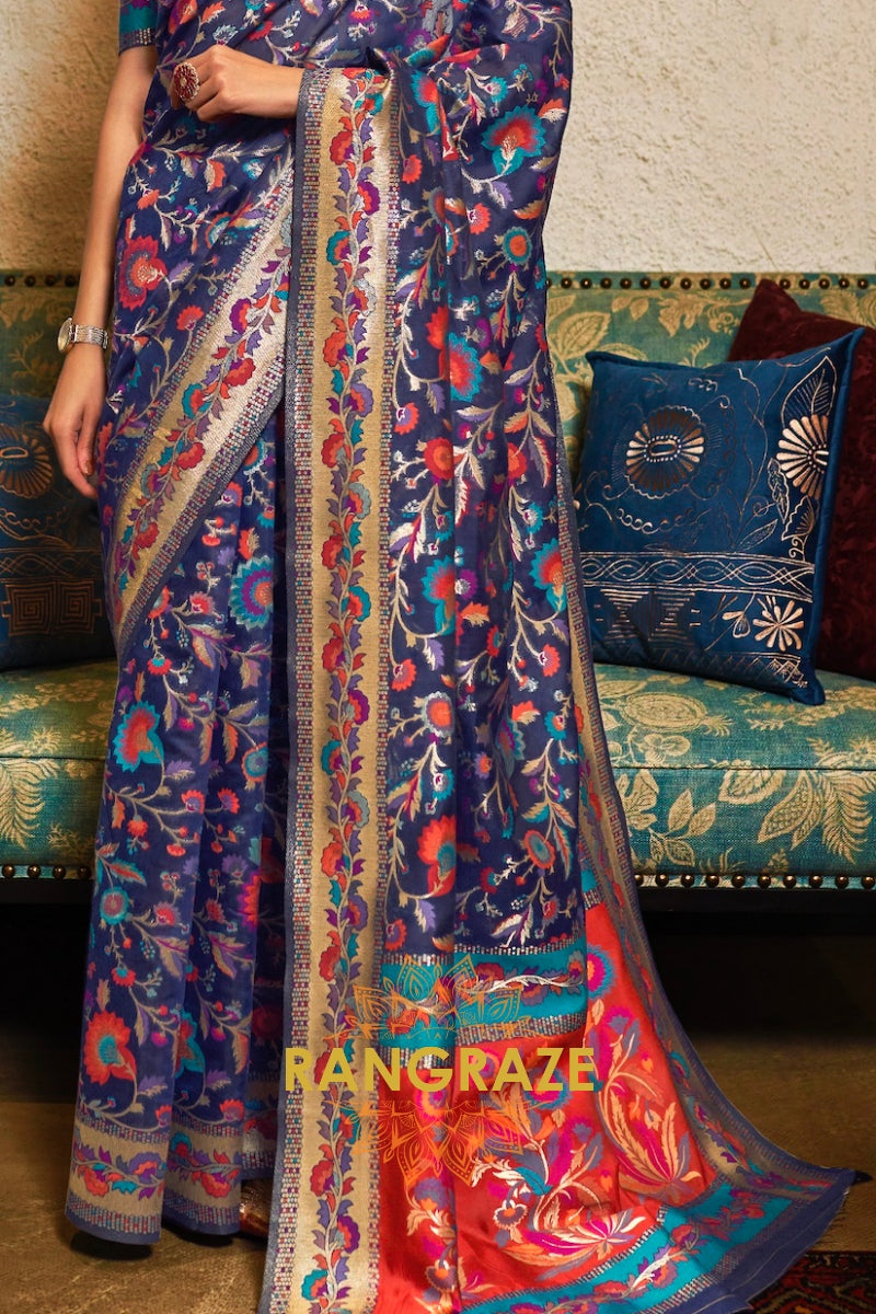 Deep Blue Woven Jamewar Kashmiri Silk Saree
