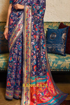 Deep Blue Woven Jamewar Kashmiri Silk Saree