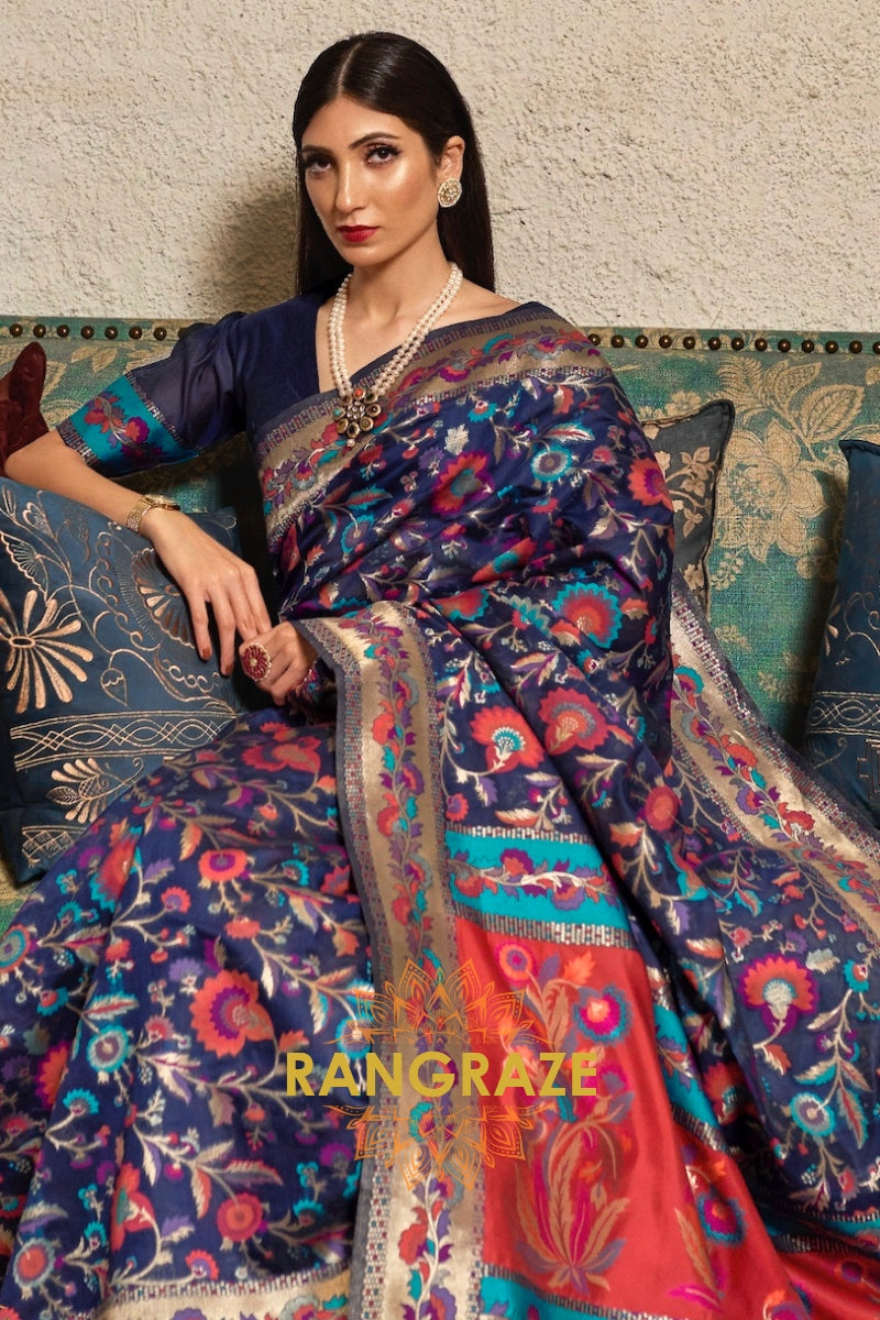 Deep Blue Woven Jamewar Kashmiri Silk Saree