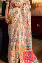 Pearl White Kashmiri Silk Jamewar Saree With Multi Color Weaving