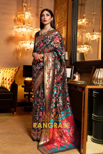 Jet Black Woven Jamewar Kashmiri Silk Saree