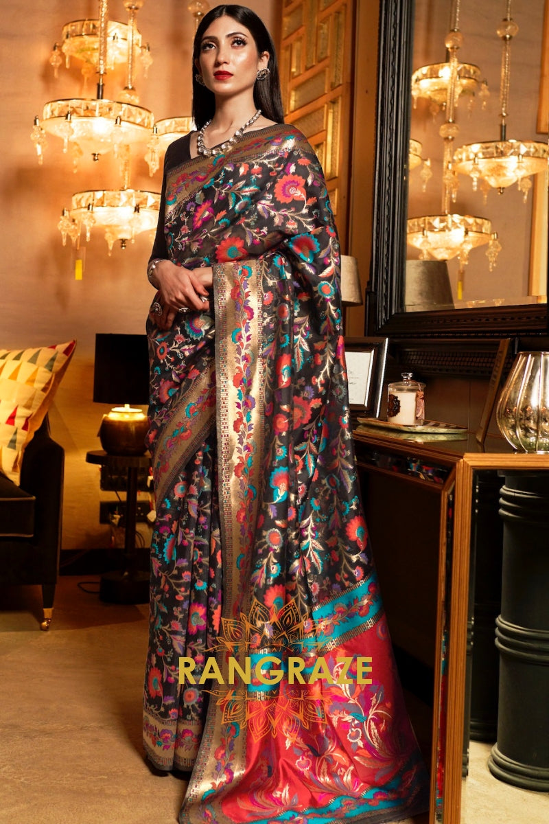 Jet Black Woven Jamewar Kashmiri Silk Saree