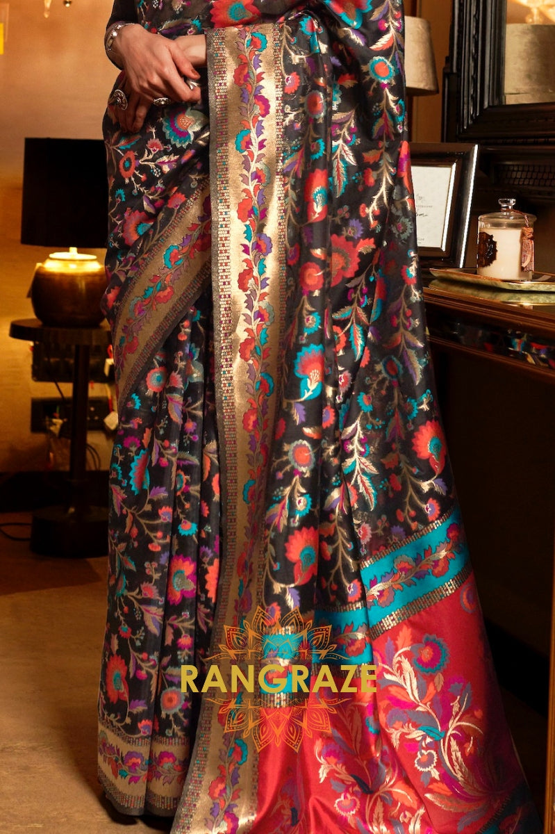 Jet Black Woven Jamewar Kashmiri Silk Saree