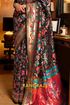 Jet Black Woven Jamewar Kashmiri Silk Saree