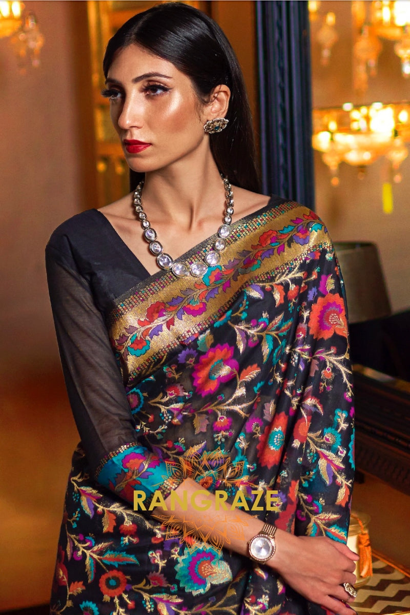 Jet Black Woven Jamewar Kashmiri Silk Saree