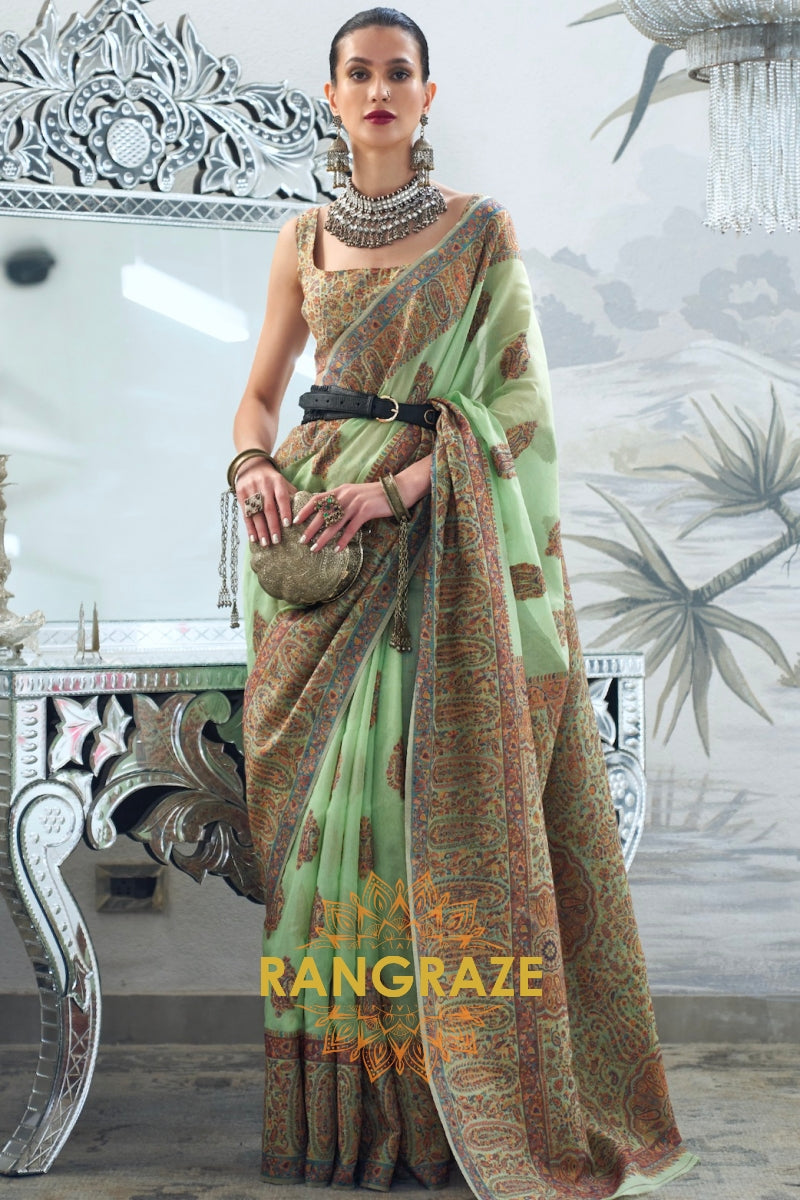 Majestic Parrot Green Woven Kashmiri Jamewar Modal Silk Saree